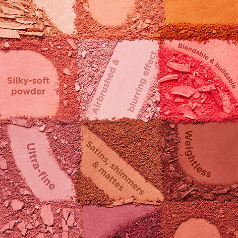Image 1 - An arrangement of various colored powder textures in shades of pink, peach, and brown, with visible labels reading Silky-soft powder, Airbrushed & blurring effect, Blendable & buildable, Ultra-fine, Satins, shimmers & mattes, and Weightless.