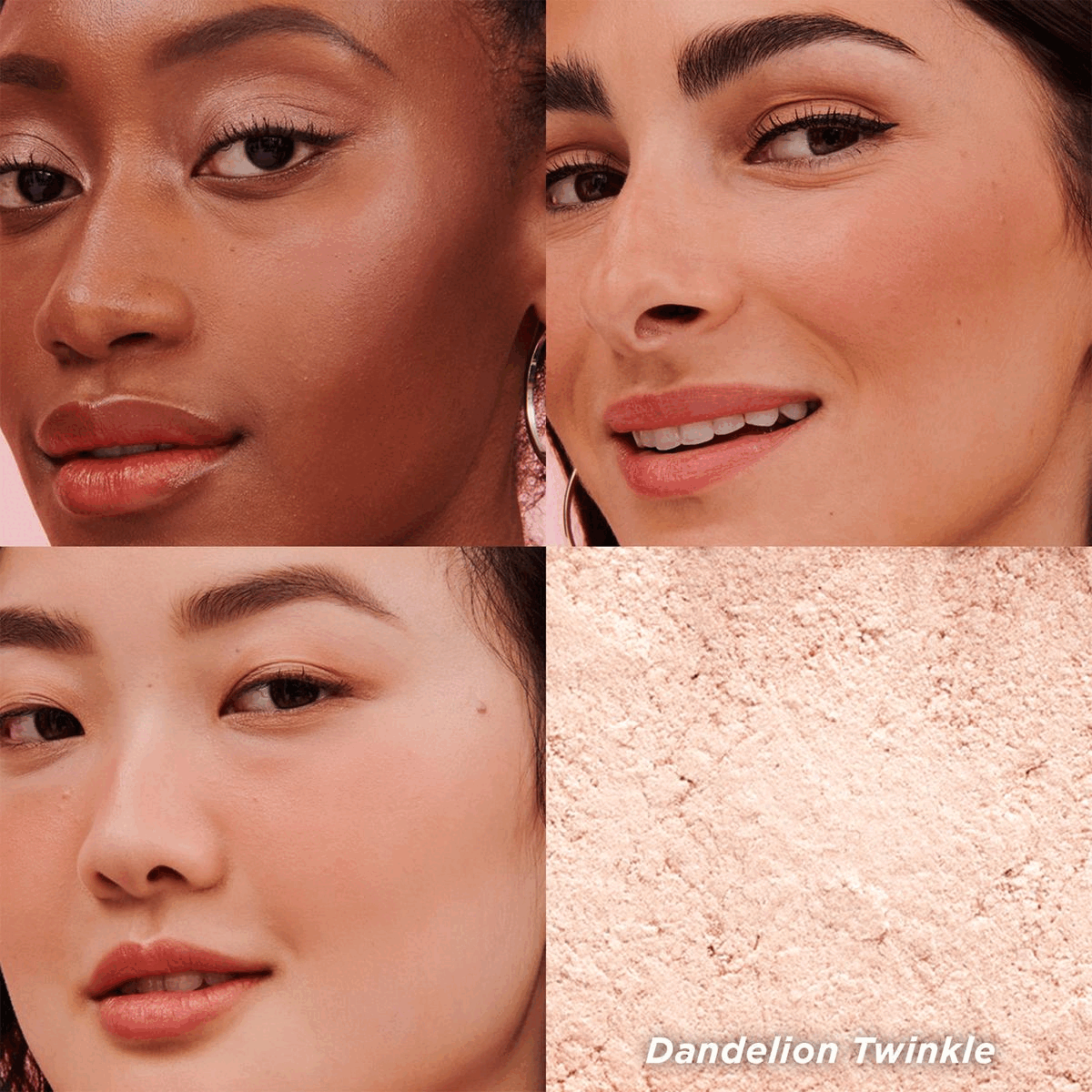 Two images transitioning into each other in an endless loop. Image 1: Showing the product modelled on three different skin tones. text - dandellion twinkle. Image 2: Shows the smaller and larger version of the product. Text - Mini. Full Size.