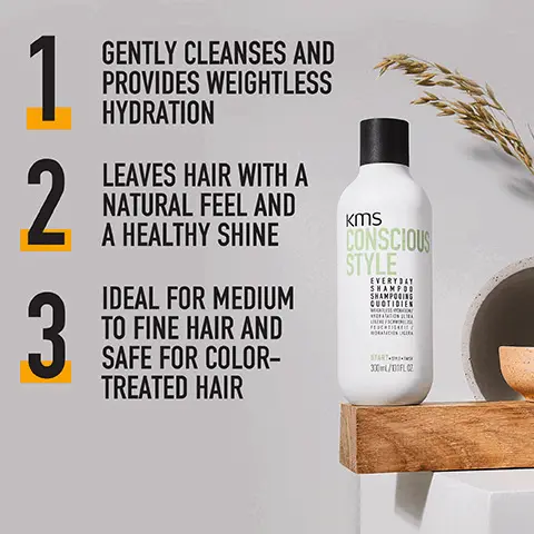 Image 1, how to use, 1 = gently cleanses and provides weightless hydration, 2 = leaves hair with a natural feel and a healthy shine, 3 = ideal for meium to fine hair and safe for colour treated hair. Image 2, did you know? conscious style everyday shampoo is formulated with minimal yet high performing ingredients. Image 3, what's inside, moringa seed oil and oat oil.