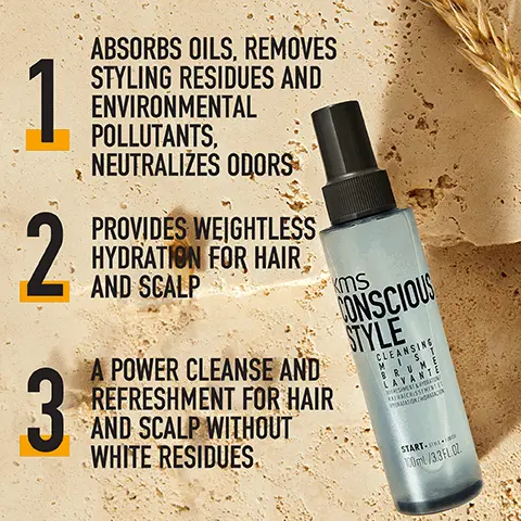 Image 1, 1 = absorbs oils, removes styling residues and environmental pollutants, neutralizes odors, 2 = provides weightless hydration for hair and scalp, 3 = a power cleanse and refreshment for hair and scalp without white residues. Image 2, did you know, conscious style cleansing mist, this non-aerosol format helps save CO2 emissions significantly. Image 3, what's inside, moringa seed oil and oat oil. Image 4, vegan formula, formula doesn't contain any animal derived ingredients, formula = is infused with ecocert certified moringa seed oil and oat oil. CO2 emission = product is CO2 compensated, certified by climate partner.