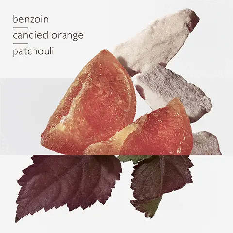 Image 1, benzoin, candied orange and patchouli. Image 2, candied orange. Image 3, benzoin. Image 4, patchouli