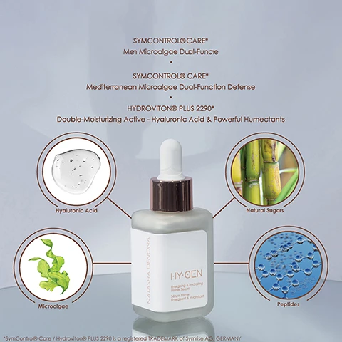Image 1, symcontrol care, men mucroalgae dual funcie. symcontrol care - mediterranean microalgae fual-function defense. hydrovioton plus 2290 - double moisturising axtive - hyaluronic acid and powerful humectant. hyaluronic acid, microalgae, natural sugars, peptides. image 2, suitable for all skin types. fast acting moisturisation for up to 72 hours. balances excess oil boosts skin barrier proteins by 164%.