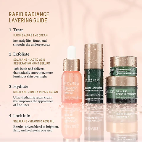 Image 1, rapid radiance layering guide. 1= treat with marine algae eye cream - instantly lifts, firms and smooths the undereye area. 2 = exfoliate with squalane and lactic acid resurfacing night serum - 10% lactic acid delivers dramatically smoother, more luminous skin overnight. 3 = hydrate with squalane and omega repair cream - ultra hydrating repair cream that improves the appearance of fine lines. 4 = lock it in with squalane and vitamin c rose oil - results driven blend to brighten, firm and hydrate in one step. image 2, $35 with $92 value