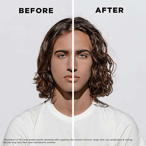 Image 1, Before and After image- Illustration of the anticipated results obtained after applying the Genesis Homme range after one application and styling. Results may vary from one individual to another. Image 2, Genesis Homme, up to 85% less hair-fall due to breakage, more fibre strength, more volume- instrumental test after application, measured as combing breakage on sensitised hair after application of Bain De Masse vs Classic Shampoo, Instrumental test, after application of Bain De Masse. Image 3, Genesis, Hovig Etoyan, Global Professional Ambassador- Did you know that 70% of men experience hair-fall? It's not widely spoken about, so I love to recommend Genesis Homme to my clients. It offers a dual solution for fuller hair mass and to prevent hair-fall.