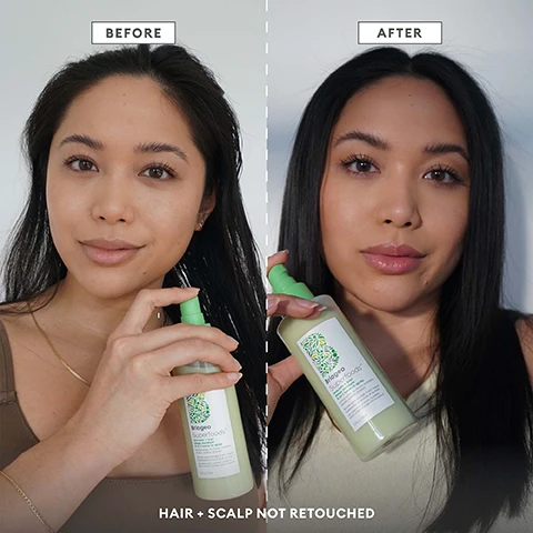Image 1 - A woman holds a bottle of Briogeo Superfoods hair product in both images, with the left labeled BEFORE showing her with a natural look and on the right labeled AFTER showing her with styled hair; visible text includes HAIR + SCALP NOT RETOUCHED.
              Image 2 - A spray bottle labeled Briogeo Superfoods is surrounded by sliced avocados, a kiwi, and sunflower seeds, with text highlighting mega moisture multi-tasker, detangle, hydrate + UV protect, and descriptions of the natural ingredients.
              Image 3 - Image shows two hair care products from Briogeo, one yellow bottle labeled soft wave texture spray and the other green bottle labeled 3-in-1 leave-in-conditioner, displayed with slices of banana, avocado, coconut, and kiwi on a light background. Text visible: soft wave texture spray salt-free + alcohol-free 3-in-1 leave-in-conditioner detangle + hydrate UV protect.
              Image 4 - Briogeo Superfoods collection featuring various bottles of hair care products alongside fresh fruits and vegetables including avocado, banana, coconut, and papaya, with visible text stating Briogeo Superfoods collection nourishes + hydrates hair with fruits, vegetables and vitamins.