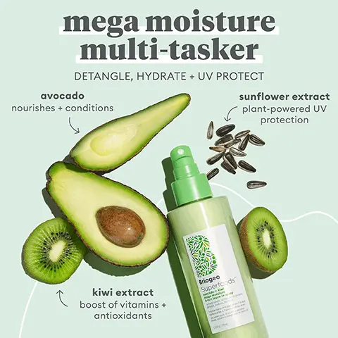 Image 1, mega moisture multi tasker, detangle, hydrate and uv protect. avocado nourishes and conditions. sunflower extract plant powered uv protection, kiwi extract boost of vitamins and antioxidants. Image 2, avocado nourishes and conditions. sunflower extract plant powered uv protection, kiwi extract boost of vitamins and antioxidants. Image 3, soft wave texture spray, salt free and alcohol free, 3 in 1 leave in conditioner, leave in conditioner detanfle and hydrate uv protect. Image 4, briogeo superfoods collection, nourishes and hydrates hair with fruits, vegetables and vitamins.