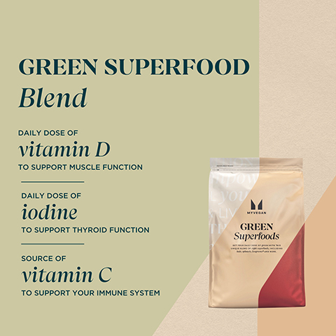 GREEN SUPERFOOD Blend DAILY DOSE OF vitamin D TO SUPPORT MUSCLE FUNCTION DAILY DOSE OF iodine TO SUPPORT THYROID FUNCTION pow ένου. ་་ MYVEGAN GREEN Superfoods SOURCE OF vitamin C TO SUPPORT YOUR IMMUNE SYSTEM