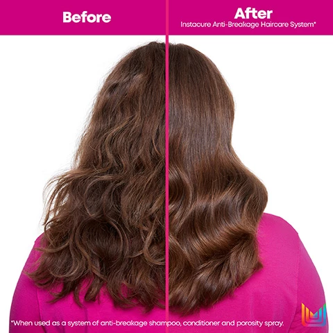 Image 1, before and after. Image 2, strengthens and repairs hair. infused with liquid proteins. Image 3, instacure, up to 60% less breakage when using anti breakage porosity spray. cleanse with shampoo, soften with conditioner, fill porosity with porosity spray. Image 4, instacure, anti breakage system with liquid proteins helps strengthen damaged hair. cleanse with shampoo, soften with conditioner, fill porosity with porosity spray. Image 5, new look same great formula