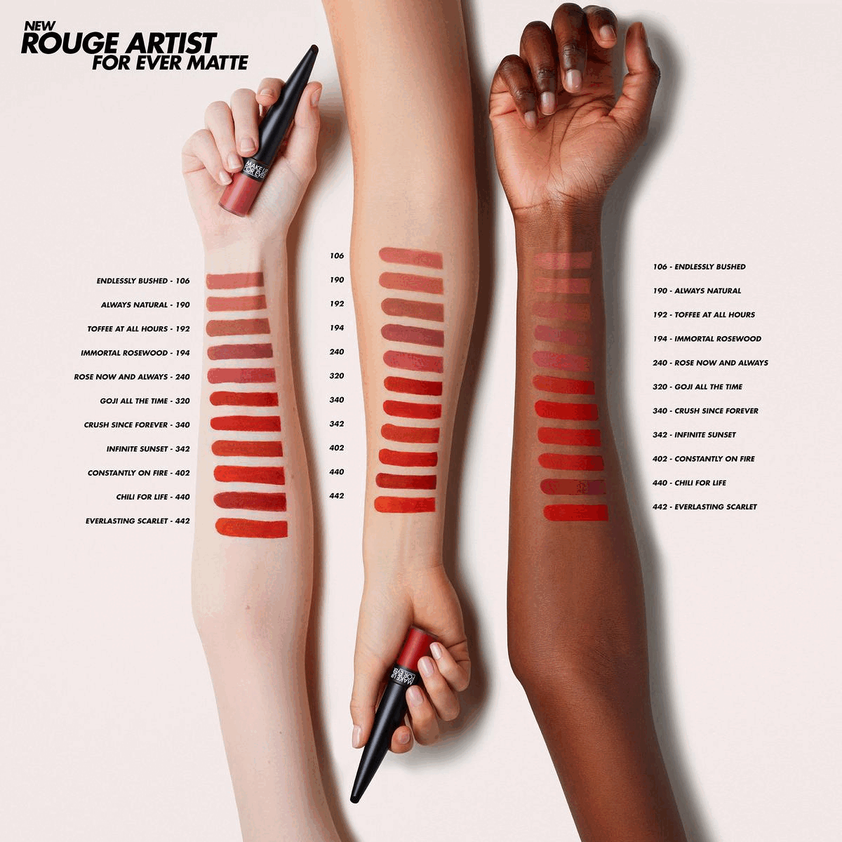 Image 1, the rouge artist forever matte lipstick swatches. Image 2, shades on models