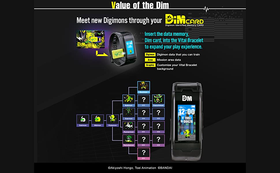 Image showing the watch, the Dim card and a table displaying Digimon and their evolutions. Text on the image reads, Value of the Dim My Meet new Digimons through your Dim Card. Insert the data memory, Dim card, into the Vital Bracelet, to expand your play experience.