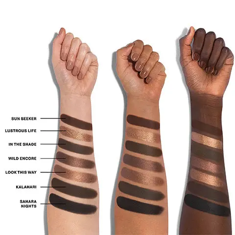 Swatches of all shades in the palette: Image 1 -Sun seeker, lustrous life, in the shade, wild encore, look this way, kalamari, sahara nights Image 2- in the deep, blazing heat, dawn to dusk, terra firms, molten, just watch, cocoa dust Image 3- sonora, dune buggy, full of flash, feel the heat, shimmering sand, mojave moves, gold spark Image 4- In the dust, Sunday sunrise, bare it all, bronzed and buffed, getting warmer, solar power, sand storm Image 5- on the horizon, naturally radiant, serious shine, beaming, naked ambition, 24k glow, perfect mirage