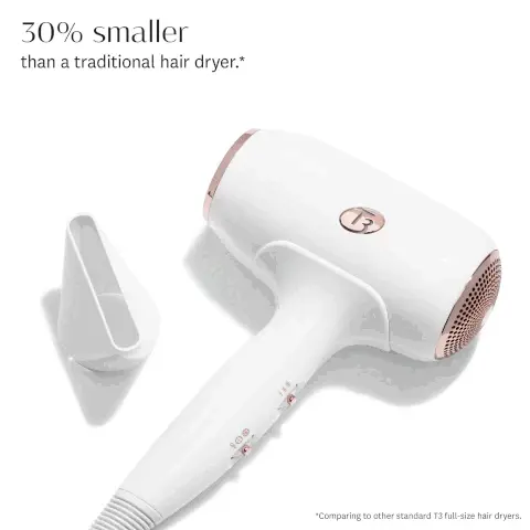 Image 1, 30% smaller than a traditional hair dryer. Image 2, T3 IonAir technology for fast gently drying. Image 3, Built in ion generator for smooth sjiny frizz free results before and after model shot. Image 4, 3 heat and 2 speed settings for all hair types and textures. Image 5, Lock in cool shot seals your style for a lasting finish. Image 6, lightweight and ergonomic for comfortable styling. Image 7, quiet operation for a pleasant drying experience. Image 8, concentrator directs airflow for precise drying and styling. Image 9, 30% smaller and 20% lighter, 96% agree it dries hair fast. Image 10, step 1: attach the concentrator and select your desired heat and speed. Step 2, start with wet, detangled hair, rough dry hair to 80%. step 3, divide hair into 3-4 inches sections. Using a round bristle brush, brush through each section while following with the dryer. step 4, finish by pressing the lock in cool shot button to set your style
