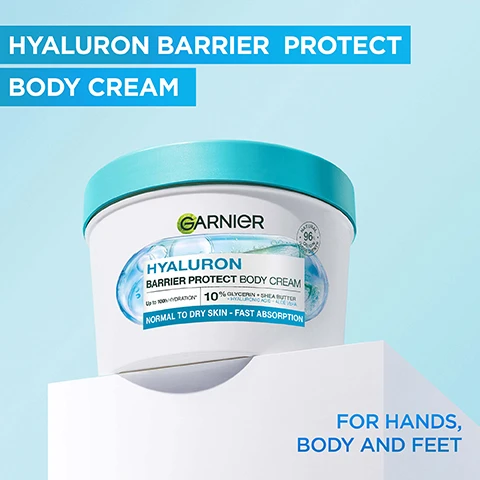 Image 2 - A round container of Garnier Hyaluron Barrier Protect Body Cream with a turquoise lid, labeled as suitable for normal to dry skin and promoting fast absorption, sitting against a light blue background, with text stating FOR HANDS, BODY AND FEET.
              Image 3 - Image shows two cream containers from Garnier, one labeled Hyaluron Barrier Protect Body Cream and the other Body Superfood 48H Moisturising Cream, with a blue background and an arrow between them indicating a change in packaging; visible text reads NEW PACK. SAME GREAT RESULTS.
              Image 4 - A display of four Garnier body creams in various containers, each labeled for different skin types, with the text FOR EVERY KIND OF SKIN at the top and specific formulations for NORMAL TO DRY SKIN, DULL SKIN, DRY TO VERY DRY SKIN, and EXTRA DRY SKIN next to each product.
              Image 5 - A round container of Garnier Vitamin C Nutri-Glow Body Cream sits on a creamy, textured background, with the text INTENSE MOISTURE BOOST above it and details about the cream below, stating it is suitable for dull, dry skin and absorbs quickly.
              Image 6 - A person holding a cream jar labeled Nutri-Glow Body Cream with visible text indicating it is formulated for dull, dry skin and mentions fast absorption and Vitamin C.
              Image 7 - Four jars of Garnier body creams are displayed: Hyaluron for normal to dry skin, Vitamin C for dull skin, Vitamin E for dry to very dry skin, and Ceramide for extra dry skin, with text above reading FOR EVERY KIND OF SKIN and below each jar indicating the specific skin type it is formulated for.
              Image 8 - Image of two containers of Garnier body cream, with the left showing the old packaging labeled Vitamin C Nutri-Glow Body Cream and the right showing the new packaging labeled Vitamin C Body Superfood with an arrow indicating the transition; there is text at the top stating NEW PACK. SAME GREAT RESULTS.