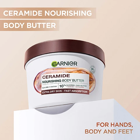 Image 1 - A jar of Garnier Ceramide Nourishing Body Butter is shown against a light background, with visible text stating Ceramide Nourishing Body Butter and For hands, body and feet, along with details about ingredients and benefits on the jar.
              Image 2 - A jar of Garnier Ceramide Nourishing Body Butter is shown on a smooth, creamy background, with visible text stating INTENSE MOISTURE BOOST and details about the product including Up to 100% hydration, 10% glycerin - shea butter - cocoa - ceramide, and EXTRA DRY SKIN - FAST ABSORPTION.
              Image 3 - Image showing a womans bare shoulder with two sections labeled BEFORE on the left and AFTER on the right, indicating improvement in skin hydration, with visible text stating HYDRATES UP TO 10 CELL LAYERS DEEP* and a small note *up to 10 cell layers of the stratum corneum.
              Image 4 - A hand holding a white jar of Garnier Ceramide Nourishing Body Butter is shown, with text on the left that reads Formulated for Extra Dry Skin and additional text below stating 10 Hours Hydration and Nourishing Body Cream Fast Absorption.
              Image 5 - An oval capsule filled with a mixture of ingredients including nuts and liquid droplets, with labeled text displaying INGREDIENTS:, SHEA BUTTER, GLYCERIN, COCOA BUTTER, and CERAMIDE.
              Image 6 - A close-up of a womans shoulder with cream applied, against a peach background, featuring the text beautifully scented richly moisturising with five stars and instantly revived my really dry skin with four stars.