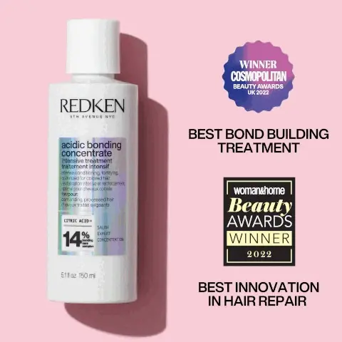 Image 1, Woman and Home Beauty Awards Winner 2022 and cosmopolitan beauty award winner 2022. Image 2, Image of the product with text: Bond in 1 step. Image 3, product being poured into hand with the text: Step 0, leave on damp hair for 5-10 minutes and rinse before shampooing. Image 4, a five star customer review: a new staple in my routine. I had never used a pre-treatment before- I absolutely love it! My hair has never felt as healthy and smooth as it did after using it. Definitely a new staple in my routine. Marie Claire Beauty Draw Review. Image 5, Acidic bonding concentrate shampoo. 11 times smoother, 56% less breakage, silky finish and glossy shine, stronger looking hair immediate results. Image 6, 2 times stronger looking hair, glossy shine, 14 times smoother, 78% less visible split ends. Image 7, redken acidic bonding concentrate helps rebalance pH levels for healthier looking hair. Image 8, protects weak bonds for damaged hair. Mild dryness and damage use intensive pre-treatment with any redken shampoo. Severe dryness and damage, use intensive pre treatment with the full acidic bonding concentrate system. Image 9, Acidic Bonding Concentrate, get instantly healthy-looking hair. ELLE Future of Beauty Winner 2022, Marie Claire Hair Awards Highly Commended 2022, woman&home Beauty Awards Winner 2022. Image 10, Acidic Bonding Concentrate Pre-treatment, works in 5 mins, 2 x Stronger looking hair, 14 x Smoother, Stronger looking hair, Immediate Results- repeated grooming test on bleached hair. Acidic Bonding Concentrate intensive pre-treatment and shampoo and conditioner vs. classic shampoo. Acidic Bonding Concentrate Intensive Pre-Treatment and Shampoo and Conditioner instrumental test on bleached hair