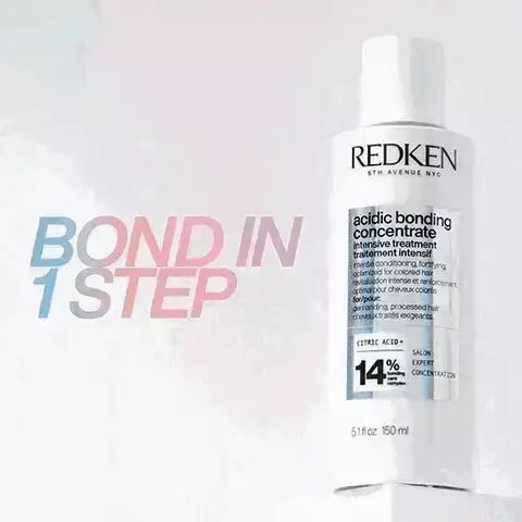 Image 1,Image of the product with text: Bond in 1 step. Image 2, product being poured into hand with the text: Step 0, leave on damp hair for 5-10 minutes and rinse before shampooing. Image 3, a five star customer review: a new staple in my routine. I had never used a pre-treatment before- I absolutely love it! My hair has never felt as healthy and smooth as it did after using it. Definitely a new staple in my routine. Marie Claire Beauty Draw Review. Image 4, Acidic bonding concentrate shampoo. 11 times smoother, 56% less breakage, silky finish and glossy shine, stronger looking hair immediate results. Image 5, 2 times stronger looking hair, glossy shine, 14 times smoother, 78% less visible split ends. Image 6, redken acidic bonding concentrate helps rebalance pH levels for healthier looking hair. Image 7, protects weak bonds for damaged hair. Mild dryness and damage use intensive pre-treatment with any redken shampoo. Severe dryness and damage, use intensive pre treatment with the full acidic bonding concentrate system. Image 8, Acidic Bonding Concentrate Pre-treatment, works in 5 mins, 2 x Stronger looking hair, 14 x Smoother, Stronger looking hair, Immediate Results- repeated grooming test on bleached hair. Acidic Bonding Concentrate intensive pre-treatment and shampoo and conditioner vs. classic shampoo. Acidic Bonding Concentrate Intensive Pre-Treatment and Shampoo and Conditioner instrumental test on bleached hair