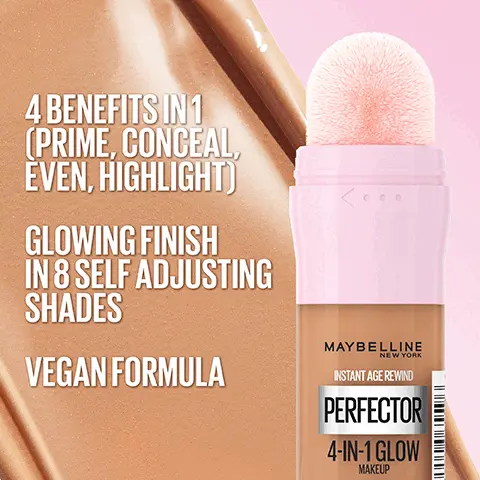 Image 1, 4 benefits in 1 - prime, conceal, even and highlight. glowing finish in 8 self adjusting shades, vegan forumla. Image 2, built in sponge for easy application. Image 3, easy swipe application. Image 4, our commitments, committed to a world without animal testing. look out for our vegan formulas. recycle your empty makeup. expertly tested products.