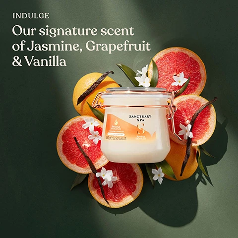 Image 1, indulge our signature scent of jasmine, grapefruit and vanilla. image 2, made with dead sea salt and coconut oil. image 3, cruelty free, vegan product, 98% natural origin, 0% mineral oil, contains recycled plastic
