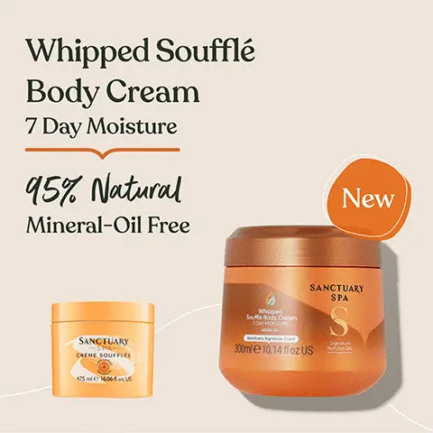 Image 1, Whipped Souffle body cream 7 day moisture 95% natural mineral-oil free. NEW packaging Image 2, Made with jojoba oil, mango oil, red seaweed Image 3, Indulge our signature scent of Jasmine, Grapefruit and Vanilla