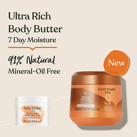 Image 1, ultra rich body butter 7 day moisture 91% natural mineral oil free. NEW packaging Image 2, indulge our signature scent of jasmine, grapefruit and vanilla
