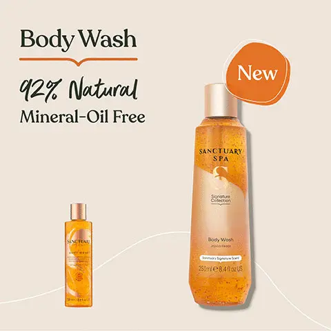 Image 1, body wash 92% natural mineral oil free. NEW packaging Image 2, Indulge our signature scent of jasmine, grapefruit and vanilla