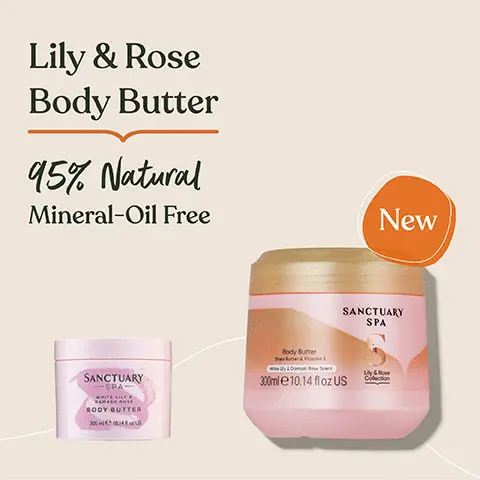 Image 1, Lily & Rose Body Butter 95% Natural Mineral Oil Free. NEW packaging. Image 2, Made with Shea Butter, Vitamin E. Image 3, Indulge Blossoming scent of Damask Rose, White Lily and Palmarosa