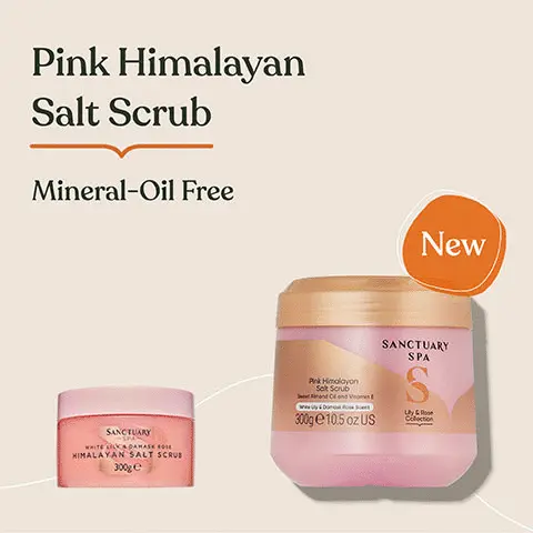 Image 1, Pink Himalayan Salt Scrub Mineral Oil Free NEW packaging. Image 2, Made with sweet almond oil, vitamin E.