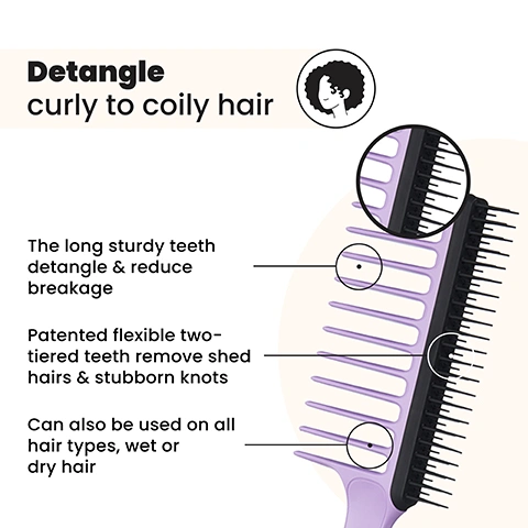 Image 1 - A purple and black detangling hair brush is shown with explanatory text for its features: Detangle curly to coily hair, The long sturdy teeth detangle & reduce breakage, Patented flexible two-tiered teeth remove shed hairs & stubborn knots, Can also be used on all hair types, wet or dry hair. Image 2 - A woman with wet curly hair uses a purple wide-tooth comb, with text reading: The Wide Tooth Comb for curly to coily hair. Image 3 - A person with curly dark hair combs it with a purple wide-tooth comb, with text reading The Wide Tooth Comb for curly to coily hair. Image 4 - A woman combs her wet, wavy blonde hair with a lavender wide-tooth comb with black bristles, with the text The Wide Tooth Comb for curly to coily hair. Image 5 - A light purple and black dual-sided comb is displayed alongside its features: Less breakage for defined bouncy curls & coils, Enhances curl pattern, Long, firm teeth with less pulling, Quick & effortless detangling, Helps distribute conditioners and masks, with TANGLE TEEZER visible on the handle. Image 6 - The image shows the back of a persons head with curly hair, split into a BEFORE side with frizzier hair and an AFTER side with more defined hair, alongside text that reads 88% agree the comb did not snap their hair* and 86% agree the detangling was quicker vs. current comb/brush* and *103 UK/US respondents, aged 18-35 years testing over 2 week period. (2021). Image 7 - A purple comb is shown being used to brush through four different hair textures, including wet wavy, curly, and coily hair, with the text BRUSH THROUGH ALL WAVES, CURLS AND COILS overlayed.