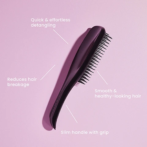 Image 1, quick and effortless detangling. reduces hair breakage. smooth and healthy looking hair. slim handle with grip. image 2, the ultimate detangler mini great for small hands = 15.5cm long, 5.3cm wide. the ultimate detangler = 22.1cm long, 6.6cm wide. the ultimate detangler great for thick and curly hair types = 23.6cm long and 7.9cm wide.