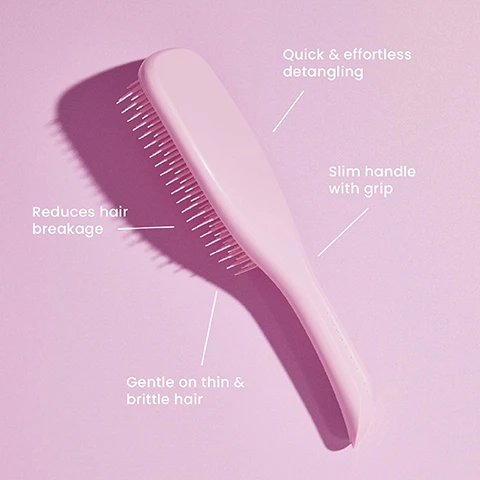 Image 1, quick and effortless detangling, reduces hair breakage, slim handle with grip, gentle on thin and brittle hair. image 2, the ultimate detangler mini great for small hands = 15.5cm long, 5.3cm wide. the ultimate detangler = 22.1cm long, 6.6cm wide. the ultimate detangler great for thick and curly hair types = 23.6cm long and 7.9cm wide.