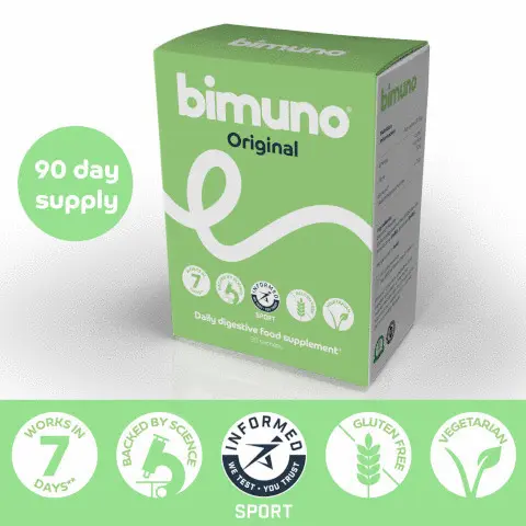 30 DAY SUPPLY WORKS IN 7 DAYS BACKED BY SCIENCE INFORMED WE TEST YOU TRUST GLUTEN FREE VEGETARIAN WORKS IN 7 DAYS BIMUNO GOS IS BACKED BY OVER 100 PUBLICATIONS AND MORE THAN 20 INDEPENDENT SCIENTIFIC STUDIES NEW BRANDING SAME AWARD-WINNING PREBIOTIC LOOK OUT FOR OUR NEW PACKAGING OVER THE COMING MONTHS! Digestive food supplement* bimuno Backed by more than 20 years of independent scientific research Increases the levels of good bacteria in the gut in 7 days** Taste-free High in fiore
              Nutrition Information:
              Per sachet (3.659)
              Energy 41.5k/ 10.1 kcal
              Fibre 2.09 BIMUNO 2.75 9 Bimuno Galactooligosaccharides
              Directions for use Bimuno Original is a taste-free powder Add it to tea, coffee or water, or even sprinkle it over food.
              Recommended daily intake Adults and children 4 years of age and over: Take 1 sachet daily 3.659.
              Ingredients: Bimuno® Powder (Galactooligosaccharides (GOS) derived from lactose (milk), galactose (milk)). Allergens are in bold.
              If you have a sensitive stomach, take 12 a sachet for 7-10 days. If well tolerated increase to 1 sachet.
              No preservatives No artificial flavourings & colours
              Do not exceed the recommended daily intake (1 sachet).
              Store in a cool dry place below 25°C out of sight and reach of children.
              Bimuno® Original is a high fiore food supplement which is intended to supplement the diet and should not be regarded as a substitute for a varied diet and healthy lifestyle
              Children should be supervised when taking this product. C
              30x3.659 =109.59