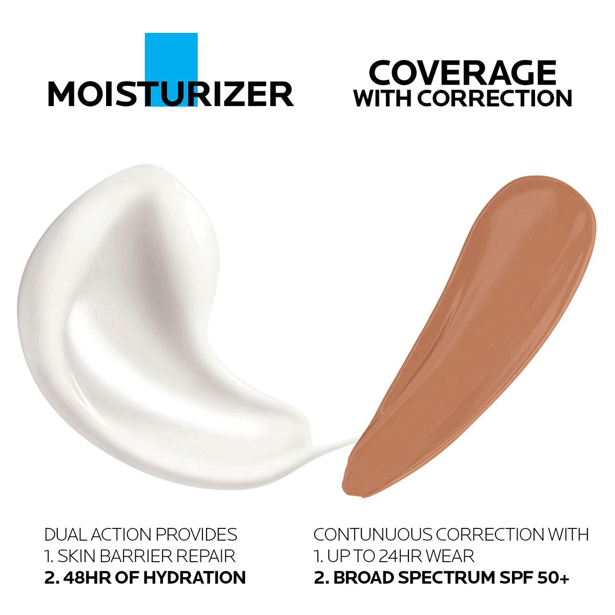 Image 1, MOISTURIZER COVERAGE WITH CORRECTION DUAL ACTION PROVIDES 1. SKIN BARRIER REPAIR 2.48HR OF HYDRATION CONTUNUOUS CORRECTION WITH 1. UP TO 24HR WEAR 2. BROAD SPECTRUM SPF 50+ Image 2, TOLERIANE DOUBLE REPAIR MOISTURIZER KEY DERMATOLOGICAL INGREDIENTS LA ROCHE-POSAY PREBIOTIC THERMAL SPRING WATER PREBIOTIC CERAMIDE-3 SKIN-IDENTICAL LIPID NIACINAMIDE WATER SOLUBLE VITAMIN Image 3, CC CREAM COVERS: Redness, Discoloration, Hyperpigmentation, Dark Spots, Age Sports Image 4, 43N Image 5, PRODUCT SAFETY STANDARDS Dermatologist tested for safety Sensitive Skin Tested Fragrance-Free Paraben-Free Oil-Free Non-Comedogenic Allergy Tested Image 6, APPLY IN GENTLE CIRCULAR MOTIONS AFTER CLEANSING AND TONING, APPLY CC CREAM WITH FINGERTIPS, BRUSH, OR SPONGE FROM THE CENTER OF FACE OUTWARDS