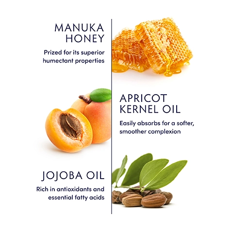 Manuka Honey prized for its superior humectant properties, Apricot Kernel Oil easily absorbs for a softer smoother complexion, Jojoba Oil rich in antioxidants and essential fatty acids