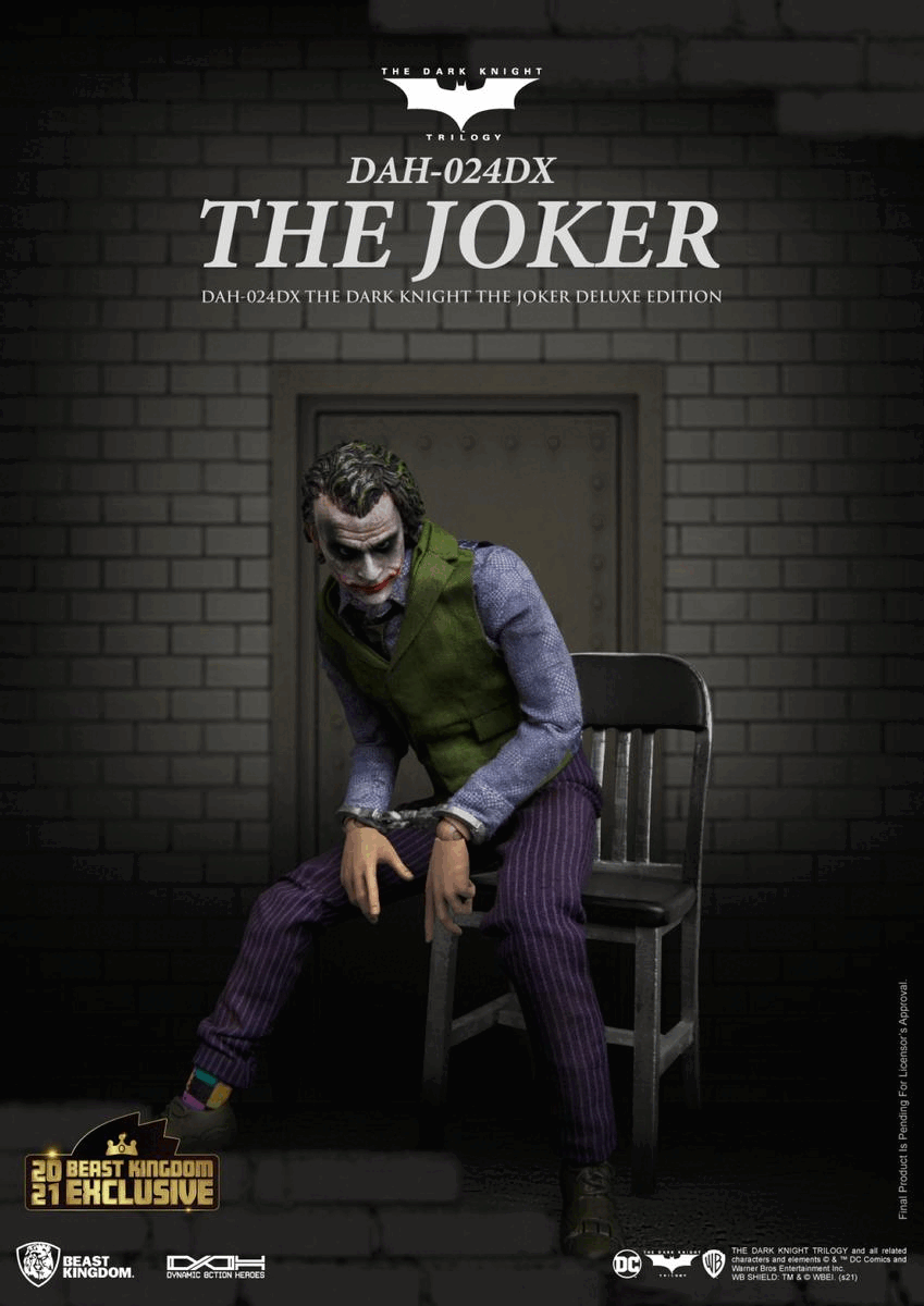 Repeating images showing the Joker figure from different angles. Text reads D A H zero two four D X. The Joker. The Dark Knight the Joker delue Edition. Twenty beast kingdom, twenty one exclusive