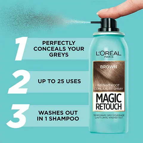 Image 1, Product shade-Brown 1. Perfectly conceals your greys 2. Up to 25 uses 3. Washes out in 1 shampoo Image 2, Before and After shot, 3, 2 ,1 roots gone Image 3, an image showing the products in the range. Text- available in 10 shades