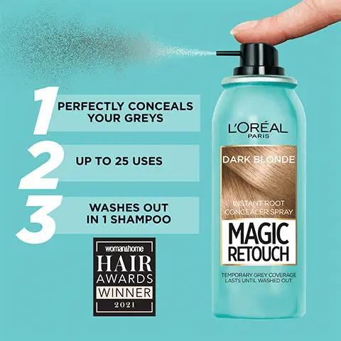 Image 1, Product shade- Dark Blonde 1. Perfectly conceals your greys 2. Up to 25 uses 3. Washes out in 1 shampoo Image 2, an image showing the products in the range. Text- available in 10 shades