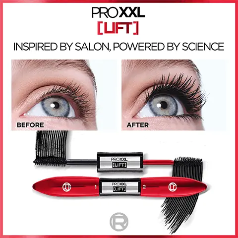 Image 1, Inspired by salon, powered by science. Image 2, 79% of women who had a professional lash lift would switch to pro XXL. Image 3, A double brush technology infused with pro-keratin. Image 4, Step 1: for 17X more volume, step 2: for 20 degrees curl and lash lift effect.