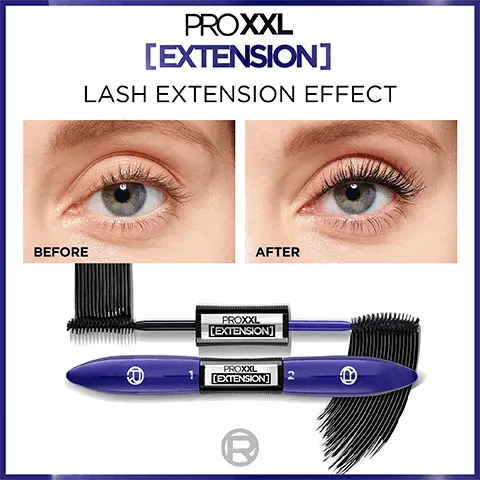 Image 1, lash extension effect. Image 2, powered by up to 3mm super fibres. Image 3, Lash extension effect 12 x buildable volume and +72% lengthening effect. Image 4, Step 1: for super-sizing black primer, step 2: for up to 3mm super fibre