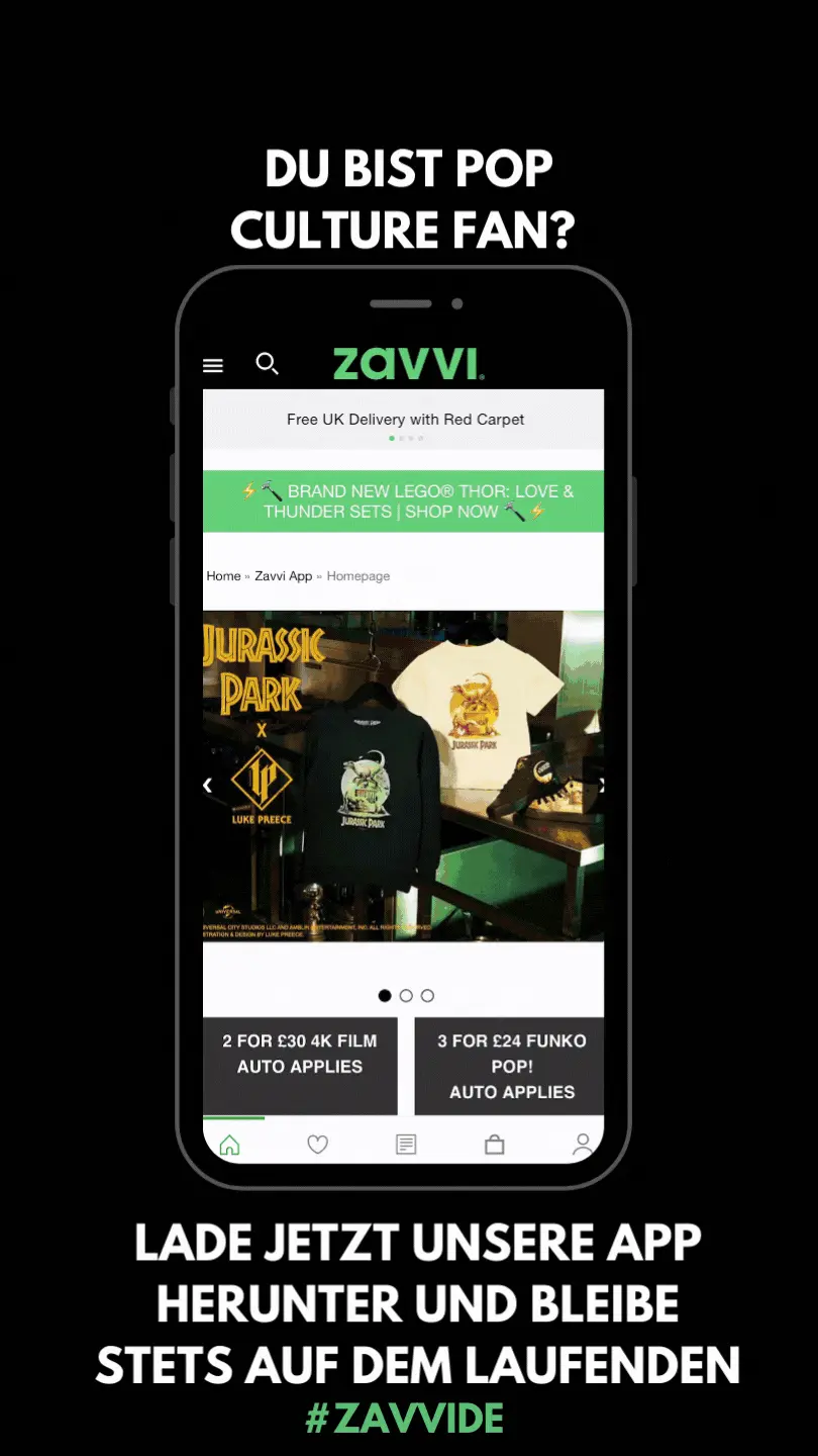 Ein Handy scrollt durch die Zavvi-App. Du bist Pop Culture Fan?