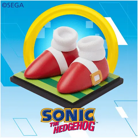 Alternating images showing the Sonic shoes from different angles. Text reads, Sega, Sonic The Hedgehog. Sticker reads, Official Limited Edition five hundred/ five hundred