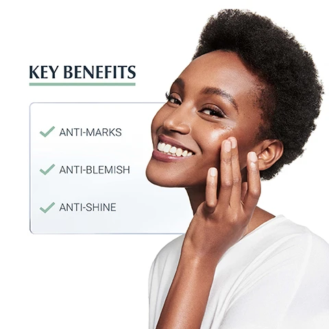 Image 1, benefits, anti marks, anti blemish and anti shine. Image 2, key ingredients, salicylic acid effectively reduces blemishes. licochalcone a helps prevent new blemishes. Image 3, finally beats post acne marks, confirmed by 95%. patented thiamidol *product in use study with 100 volunteers, 8 weeks of regular usage twice a day. **clinical study with 40 volunteers 12 weeks of regular usage of both serums and fluid twice daily. example shown, individual results may vary. Image 3, how to use apply twice daily before your day and night routine, triple the effect. Image 4, recommended routine. cleansing gel, triple effect serum, protective fluid SPF 30. Image 5, key ingredients, patented thiamidol, reduces pigment spots and prevents their appearance