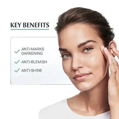 Image 1, benefits = anti marks darkening, anti blemish anti shine. Image 2, blemish prone skin, SPF 30, non comedogienic. Image 3, DECANEDIOL LICOCHALCONE A UVA/UVB FILTERS (SPF 30)