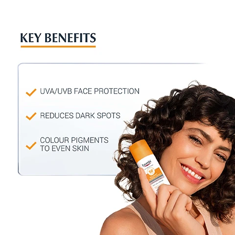 Image 1, key benefits UVA/UVB face protection, reduces dark spots, colour pigments to even skin. image 2, 3 times action, light, all skin types. image 3, 94% of women said the product evened their skin tones. consumer claim agreement test with 86 volunteers. image 4, key ingredients. patented thiamidol - number 1 ingredient for even skin. UVA/UVB filter SPF 50+. mineral colour pigments evens skin.