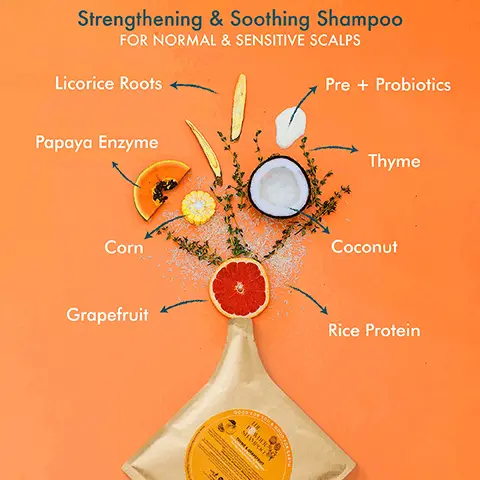 Image 1,Strengthening & Soothing Shampoo
              FOR NORMAL & SENSITIVE SCALPS Licorice Roots Pre + Probiotics Papaya Enzyme Thyme Corn Coconut Grapefruit THE P WDER SHAMPOO Good for You & Good for Earth Rice Protein Image 2, typical shampoo - contains 80% to 90% water, uses lots of water to produce, heavy to transport and store, only 9% of plastic in the world is recycled, used once and thrown, 500 years to decompose, plastic becomes microplastics. vs the powder shampoo and the powder foam wash - contains 0% water, does not use water to produce, light and easy to transport, over 80% of aluminium in the world is recycled, reusable and refillable, easily recycled, does not become micro plastics. Image 3, the powder shampoo, how to use. 1 = wet your palm or hair thoroughly, 2 = pour a sufficient amount on your palm or hair, 3 = lather to activate the foam, 4 = rinse your hair as normal. Image 4, plant power - our products are formulated with 28 botanical extracts and 8 essential oils. plastic free - our packaging contains 0% plastic and all our bottles and refill pouches are 100% recycleable. planet first - we plant one tree for every product sold, our goal is to plant 1 million trees by 2030.