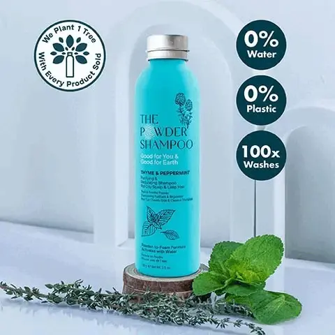 Image 1, we plant 1 tree with every product sold. 0% water, 0% plastic, 100 washes. Image 2, Purifying & Regulating Shampoo FOR OILY SCALP & LIMP HAIR Coconut Corn Minit Thyme Pre+ Probiotics Licorice Roots Papaya Enzyme THE POWDER SHAMPOO Good for You & Good for Earth Rice Protein Image 3, typical shampoo - contains 80% to 90% water, uses lots of water to produce, heavy to transport and store, only 9% of plastic in the world is recycled, used once and thrown, 500 years to decompose, plastic becomes microplastics. vs the powder shampoo and the powder foam wash - contains 0% water, does not use water to produce, light and easy to transport, over 80% of aluminium in the world is recycled, reusable and refillable, easily recycled, does not become micro plastics. Image 4, the powder shampoo, how to use. 1 = wet your palm or hair thoroughly, 2 = pour a sufficient amount on your palm or hair, 3 = lather to activate the foam, 4 = rinse your hair as normal. Image 5, plant power - our products are formulated with 28 botanical extracts and 8 essential oils. plastic free - our packaging contains 0% plastic and all our bottles and refill pouches are 100% recycleable. planet first - we plant one tree for every product sold, our goal is to plant 1 million trees by 2030.