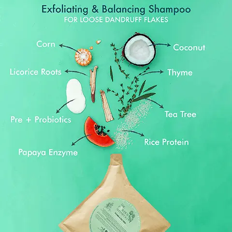 Image 1, Exfoliating & Balancing Shampoo Corn FOR 
              LOOSE DANDRUFF FLAKES Licorice Roots Pre + Probiotics Coconut Thyme Tea Tree Papaya Enzyme Rice Protein THE P WDER SHAMPOO Good for You & Good for Earth Image 2, typical shampoo - contains 80% to 90% water, uses lots of water to produce, heavy to transport and store, only 9% of plastic in the world is recycled, used once and thrown, 500 years to decompose, plastic becomes microplastics. vs the powder shampoo and the powder foam wash - contains 0% water, does not use water to produce, light and easy to transport, over 80% of aluminium in the world is recycled, reusable and refillable, easily recycled, does not become micro plastics. Image 3, the powder shampoo, how to use. 1 = wet your palm or hair thoroughly, 2 = pour a sufficient amount on your palm or hair, 3 = lather to activate the foam, 4 = rinse your hair as normal. Image 4, plant power - our products are formulated with 28 botanical extracts and 8 essential oils. plastic free - our packaging contains 0% plastic and all our bottles and refill pouches are 100% recycleable. planet first - we plant one tree for every product sold, our goal is to plant 1 million trees by 2030.