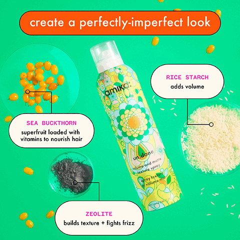 create a perfectly-imperfect look. RICE STARCH
              adds volume, SEA BUCKTHORN superfruit loaded with vitamins to nourish hair, ZEOLITE
              builds texture + fights frizz. How to get tousled texture, 1. shake well 2. spray on dry, styled hair oil over or where needed for texture 3. use hands to tousle hair 4. voilal perfectly - imperfect sytle. Before and After