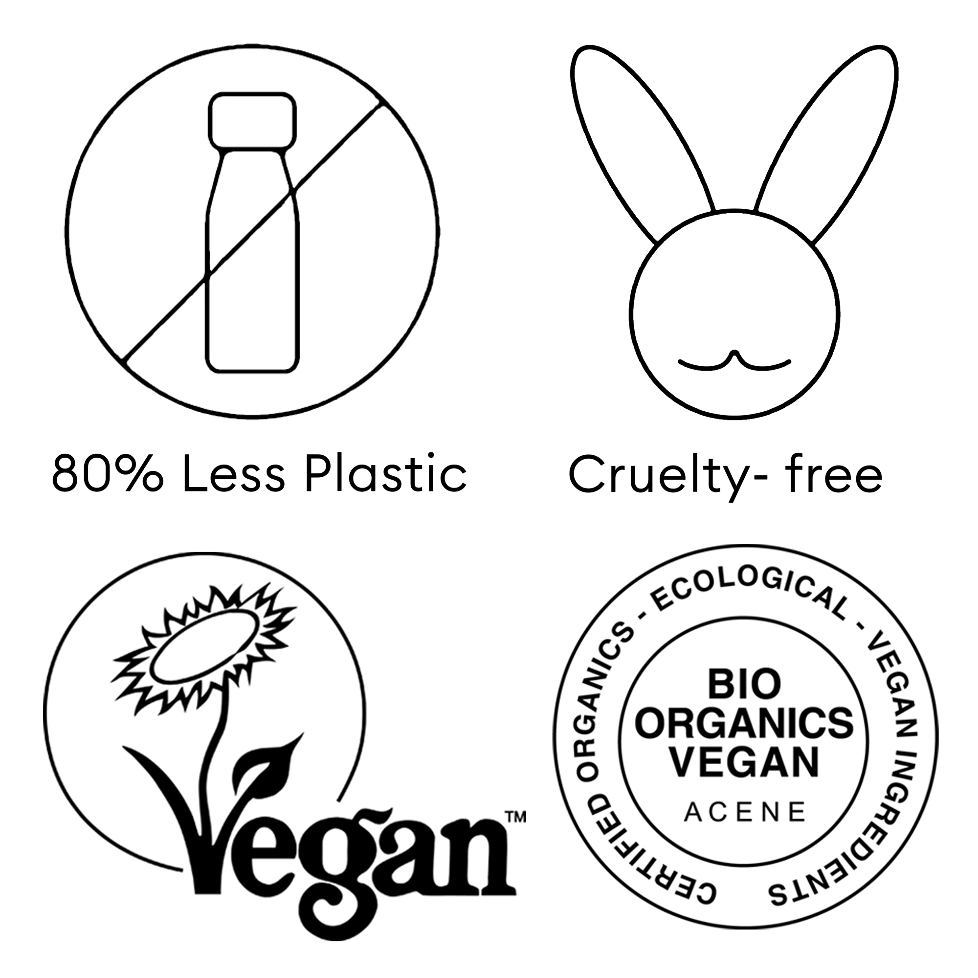 80% less plastic, cruelty-free, vegan, bio organics vegan certified organics, ecological, vegan ingredients