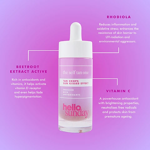 Image 3 - A purple gradient background features a bottle of self-tanning drops with a dropper lid, labeled the self tan one TAN DROPS SUN KISSED EFFECT with additional text reading enriched with antioxidants, and descriptions of ingredients including BEETROOT EXTRACT ACTIVE, RHODIOLA, and VITAMIN C.
              Image 4 - A split image shows a young womans face before and after applying self-tanner, with the left side labeled before and the right side labeled after the self tan one.