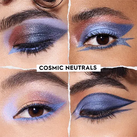 Image 1 & 2 shows the product modelled in different styles with the text: cosmic neutrals. Image 3 is a close up of one of the looks with the text: the model is wearing shades: fox fire, exoplanet, ice crater, space pod, home planet. Image 4 has a model holding up the palette to the camera showing the packaging. Text: Vegan Formula, up to 12hr wear, crease resistant shimmers, celestial sparkles, cosmic neutrals, no animal derived ingredients